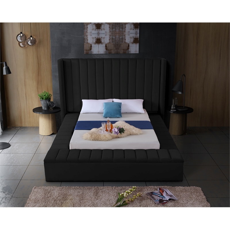 Pemberly Row Contemporary Solid Wood and Velvet Full Bed in Black