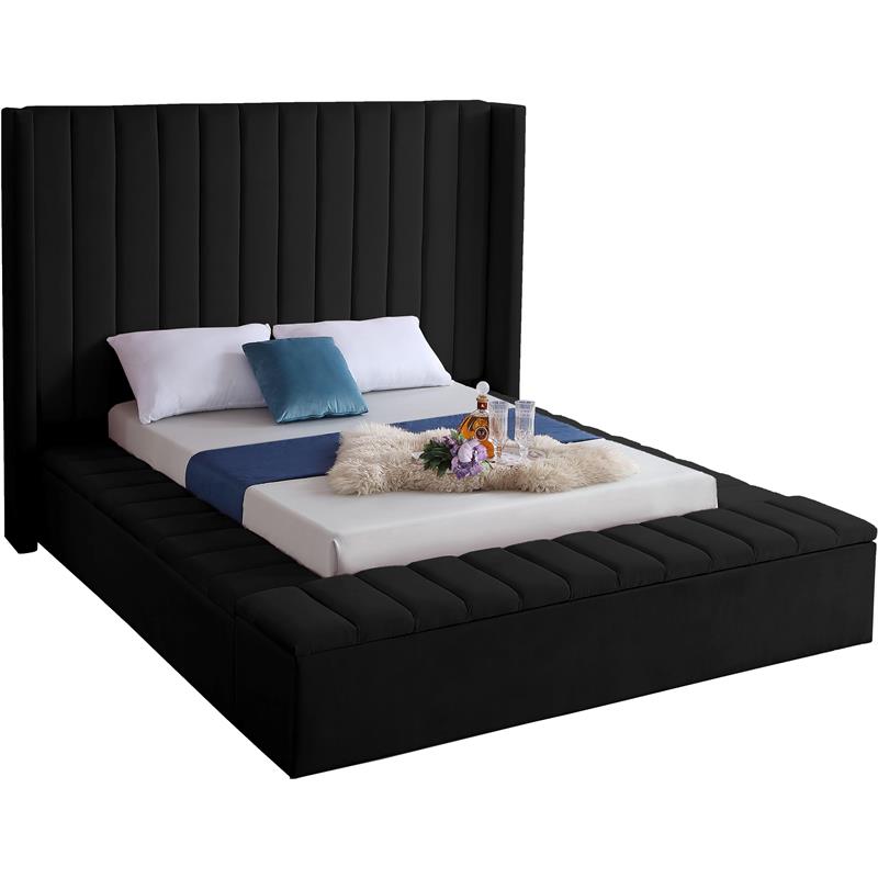 Pemberly Row Contemporary Solid Wood and Velvet Full Bed in Black