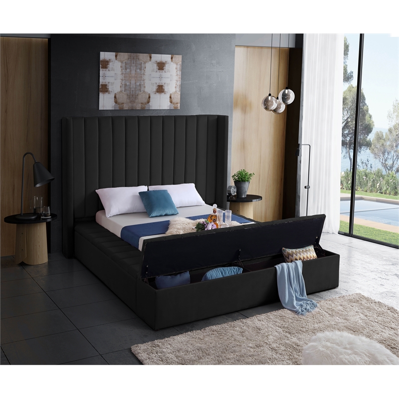 Pemberly Row Contemporary Solid Wood and Velvet King Bed in Black