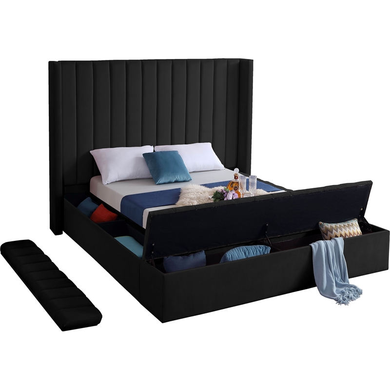 Pemberly Row Contemporary Solid Wood and Velvet King Bed in Black