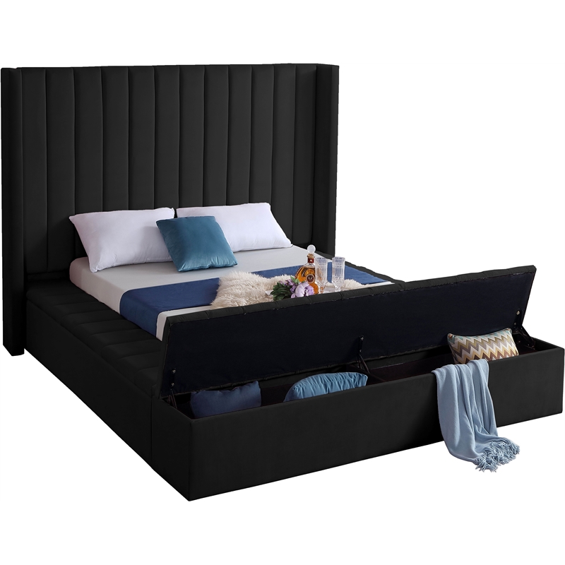 Pemberly Row Contemporary Solid Wood and Velvet King Bed in Black