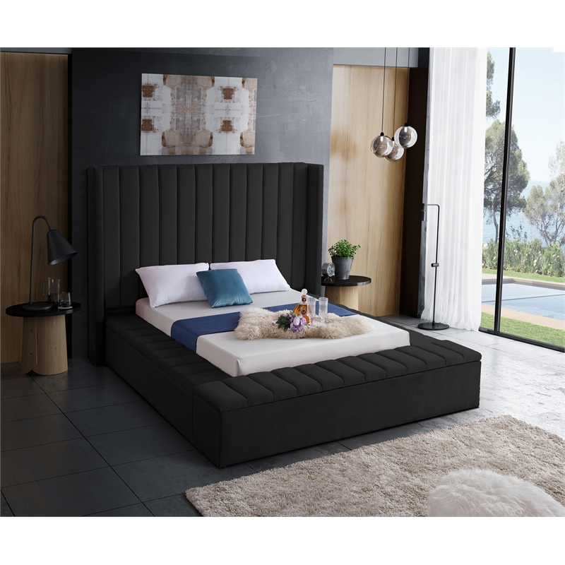 Pemberly Row Contemporary Solid Wood and Velvet King Bed in Black
