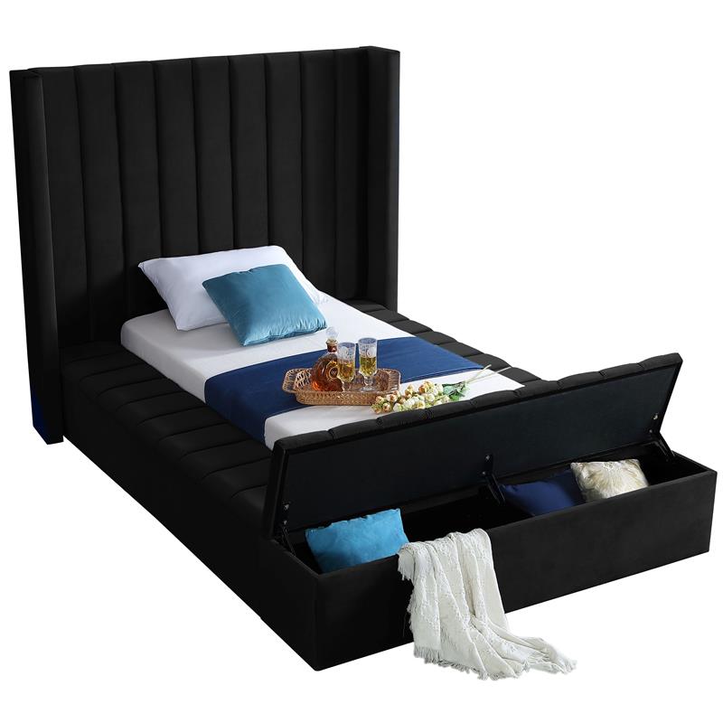 Pemberly Row Contemporary Solid Wood and Velvet Twin Bed in Black
