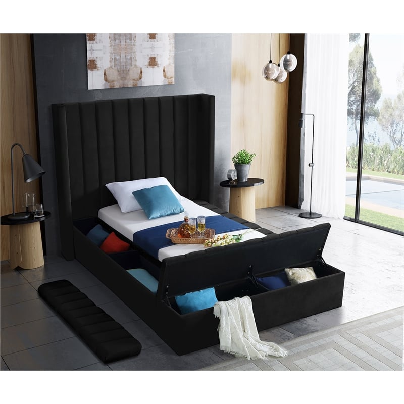 Pemberly Row Contemporary Solid Wood and Velvet Twin Bed in Black