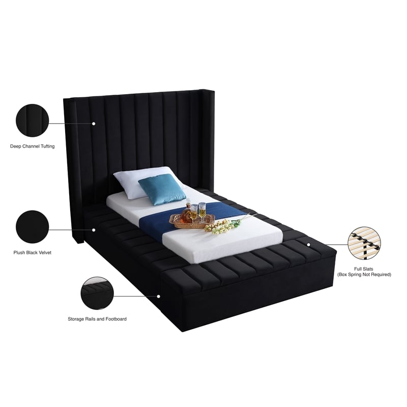 Pemberly Row Contemporary Solid Wood and Velvet Twin Bed in Black