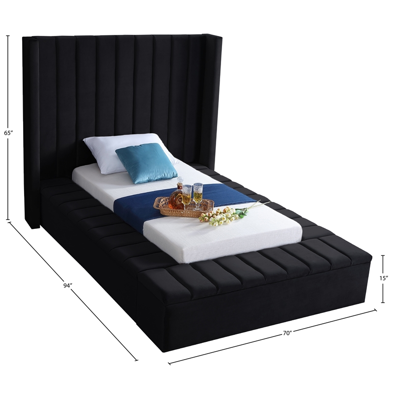 Pemberly Row Contemporary Solid Wood and Velvet Twin Bed in Black