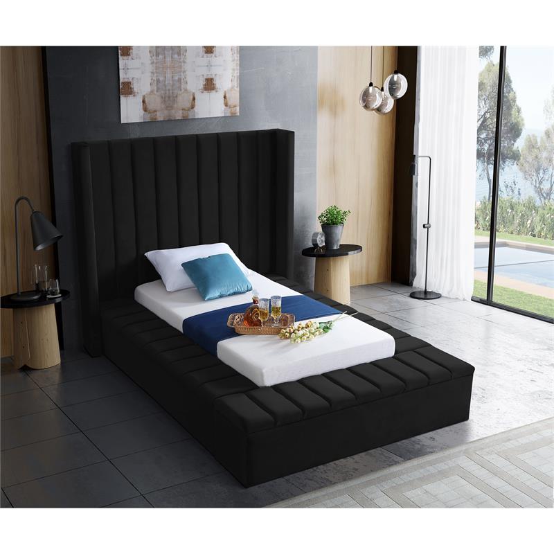 Pemberly Row Contemporary Solid Wood and Velvet Twin Bed in Black
