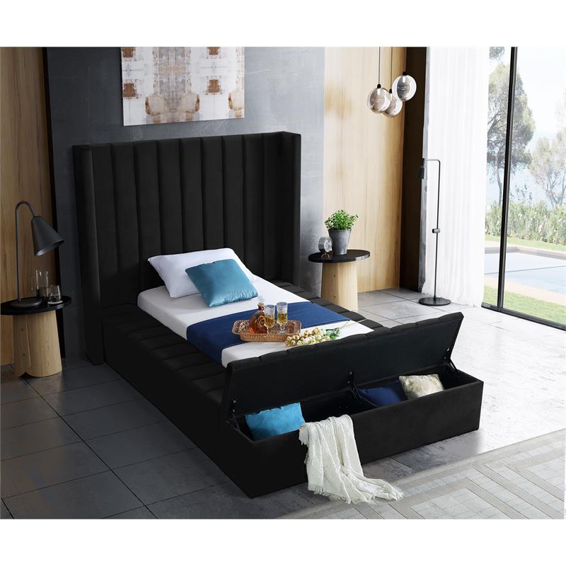 Pemberly Row Contemporary Solid Wood and Velvet Twin Bed in Black