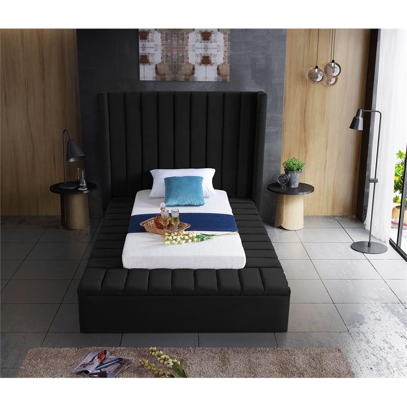 Pemberly Row Contemporary Solid Wood and Velvet Twin Bed in Black