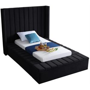 Pemberly Row Contemporary Solid Wood and Velvet Twin Bed in Black