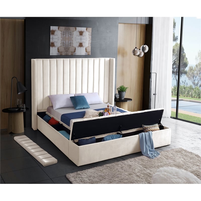 Pemberly Row Contemporary Solid Wood and Velvet Full Bed in Cream