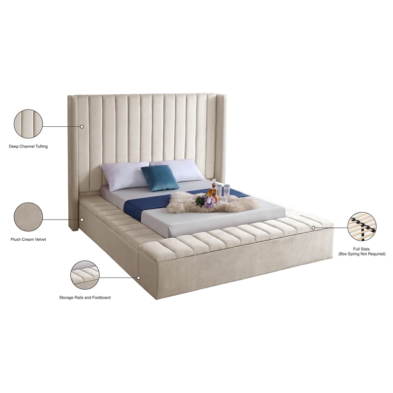 Pemberly Row Contemporary Solid Wood and Velvet Full Bed in Cream