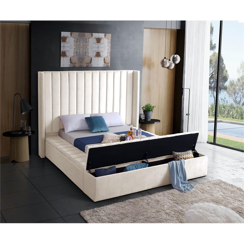 Pemberly Row Contemporary Solid Wood and Velvet Full Bed in Cream