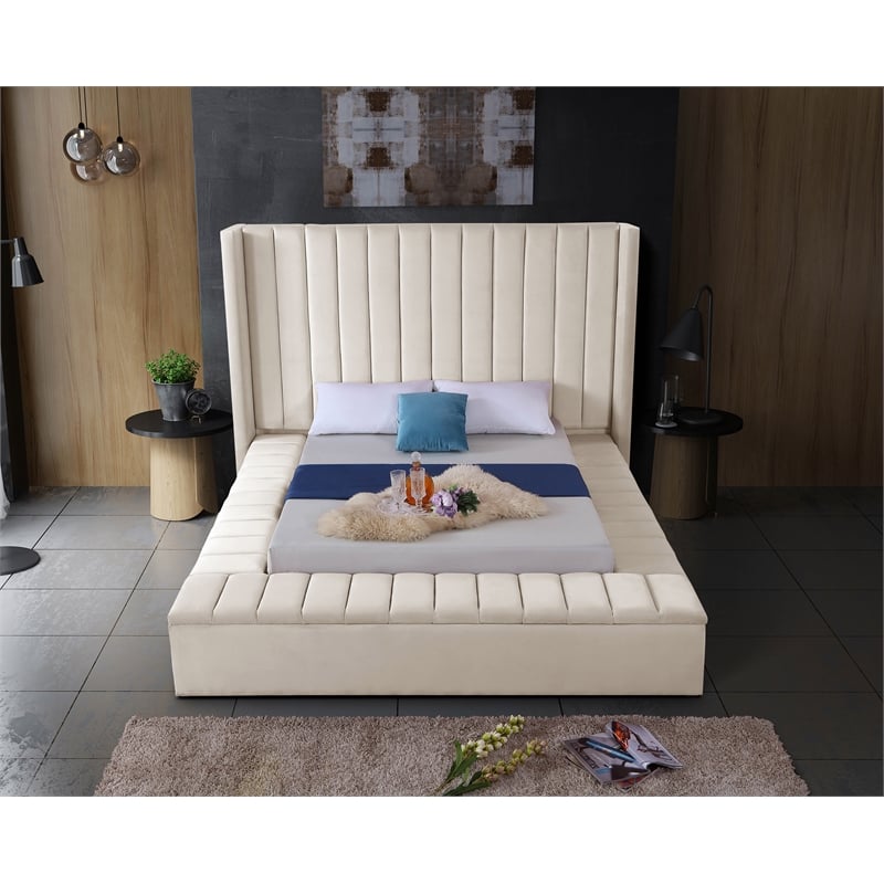 Pemberly Row Contemporary Solid Wood and Velvet Full Bed in Cream
