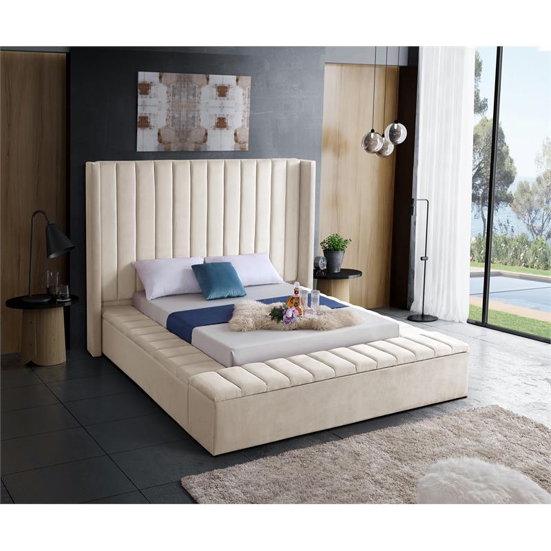 Pemberly Row Contemporary Solid Wood and Velvet Queen Bed in Cream