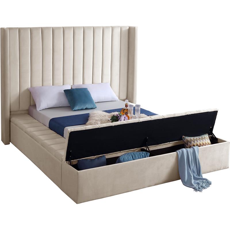 Pemberly Row Contemporary Solid Wood and Velvet Queen Bed in Cream