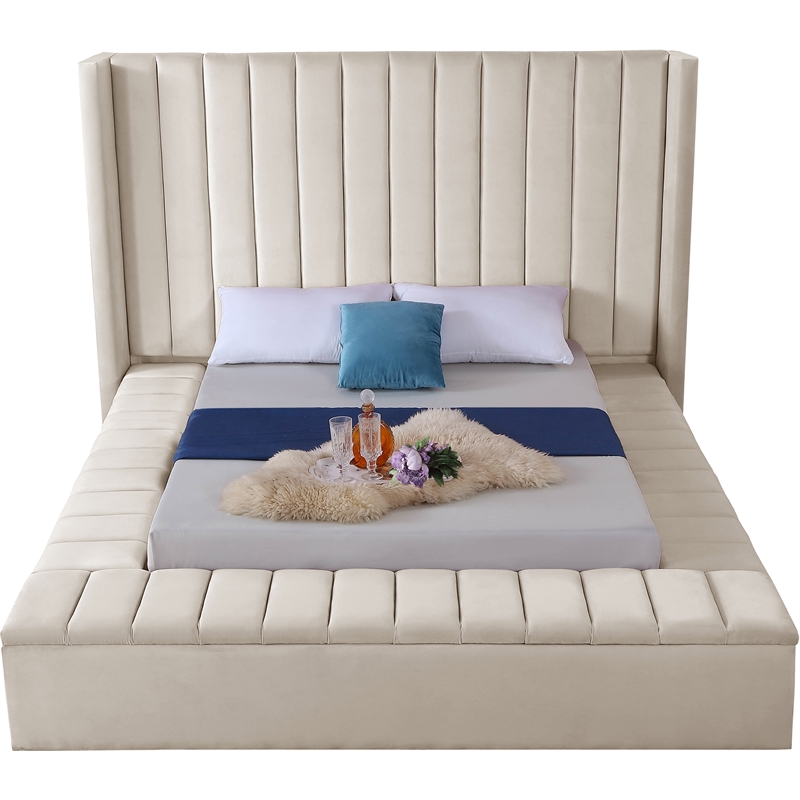 Pemberly Row Contemporary Solid Wood and Velvet Queen Bed in Cream