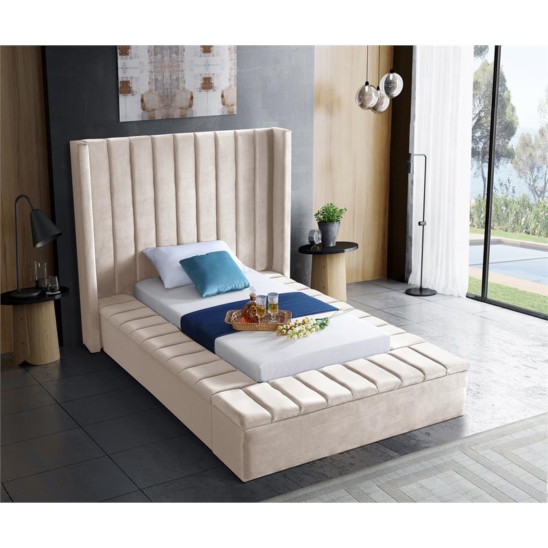 Pemberly Row Contemporary Solid Wood and Velvet Twin Bed in Cream