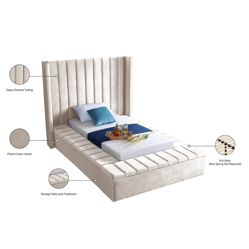 Pemberly Row Contemporary Solid Wood and Velvet Twin Bed in Cream