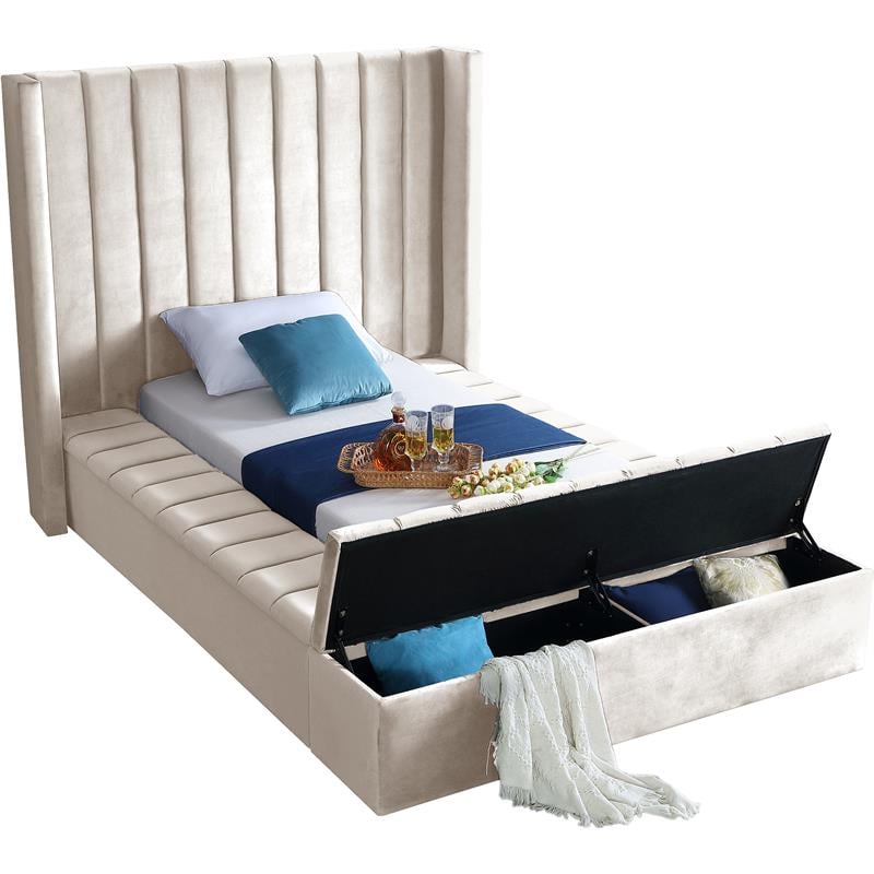 Pemberly Row Contemporary Solid Wood and Velvet Twin Bed in Cream