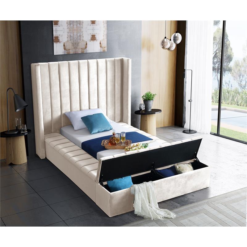Pemberly Row Contemporary Solid Wood and Velvet Twin Bed in Cream