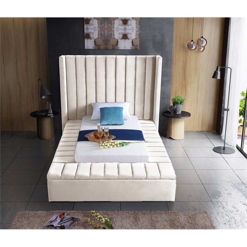Pemberly Row Contemporary Solid Wood and Velvet Twin Bed in Cream