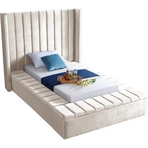Pemberly Row Contemporary Solid Wood and Velvet Twin Bed in Cream