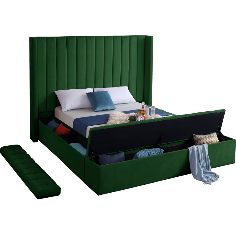 Pemberly Row Contemporary Solid Wood and Velvet King Bed in Green