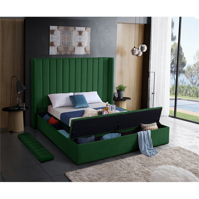 Pemberly Row Contemporary Solid Wood and Velvet King Bed in Green