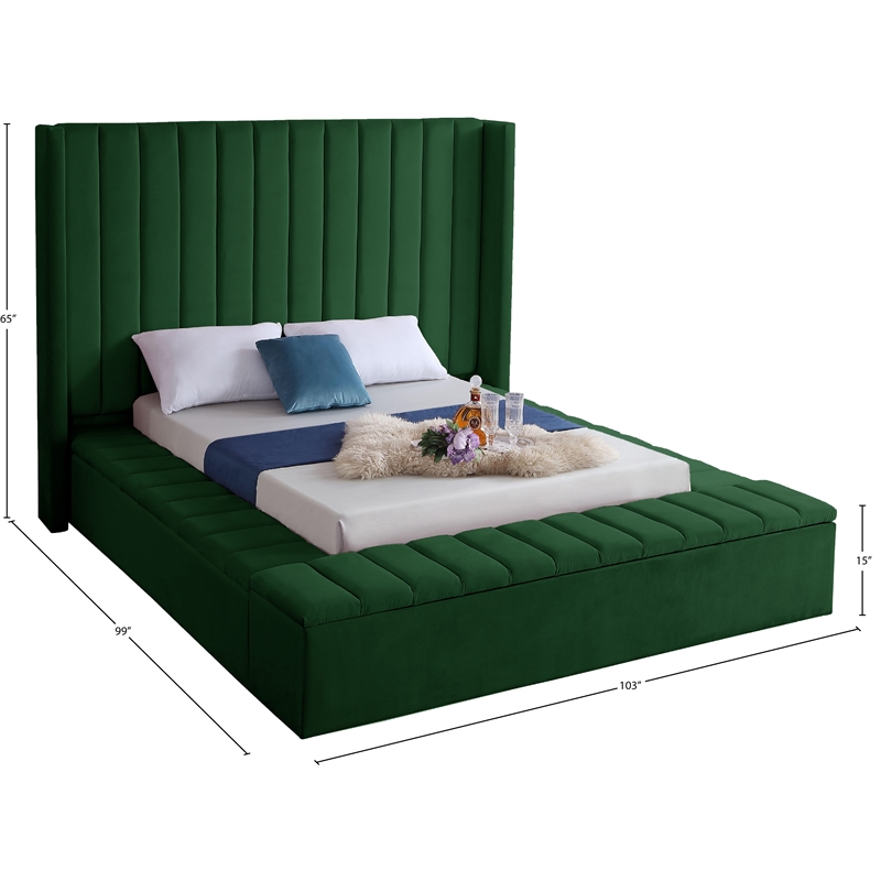 Pemberly Row Contemporary Solid Wood and Velvet King Bed in Green