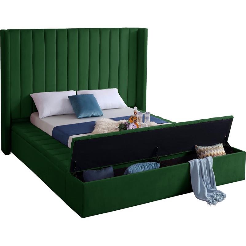 Pemberly Row Contemporary Solid Wood and Velvet King Bed in Green