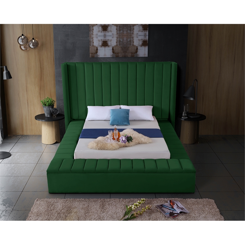 Pemberly Row Contemporary Solid Wood and Velvet King Bed in Green