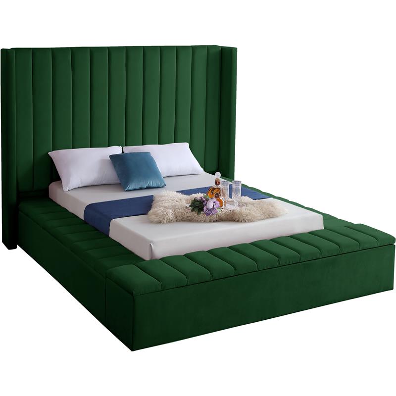 Pemberly Row Contemporary Solid Wood and Velvet King Bed in Green