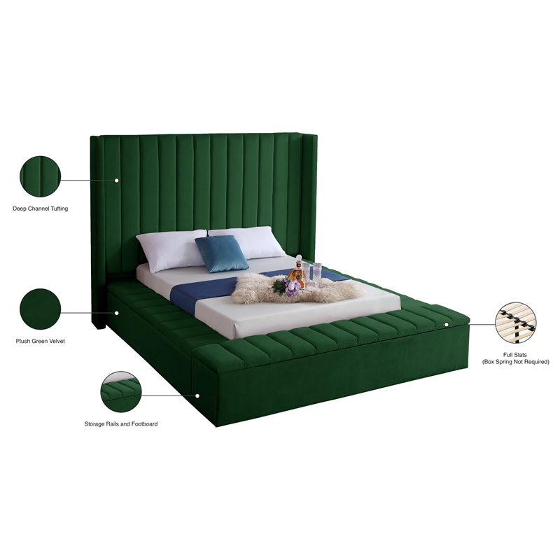 Pemberly Row Contemporary Solid Wood and Velvet Queen Bed in Green