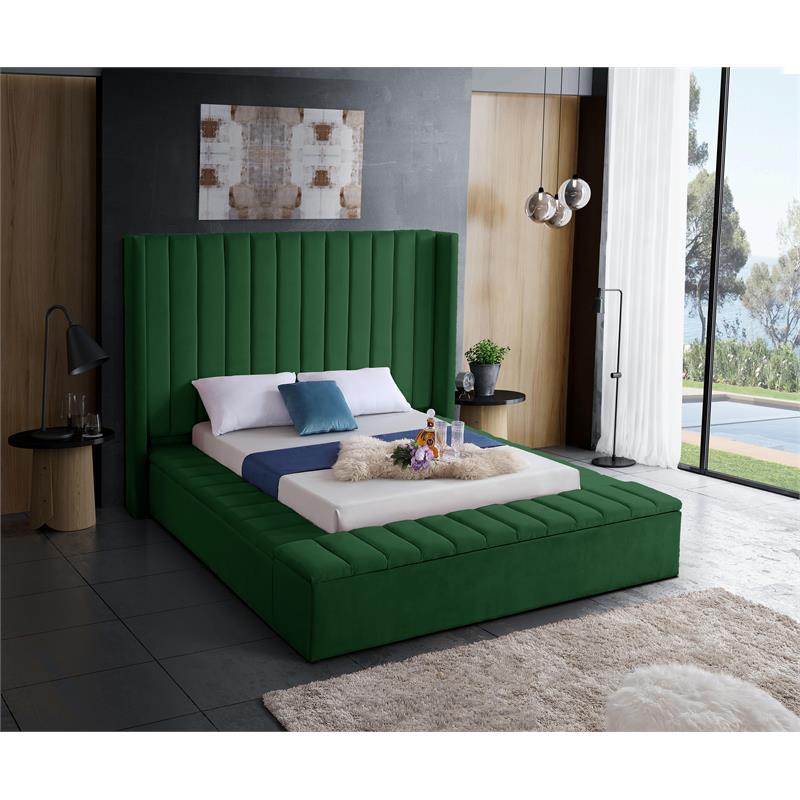 Pemberly Row Contemporary Solid Wood and Velvet Queen Bed in Green