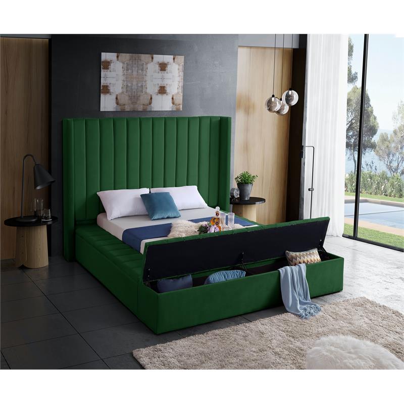 Pemberly Row Contemporary Solid Wood and Velvet Queen Bed in Green