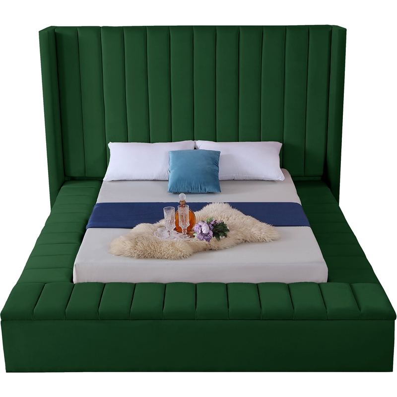 Pemberly Row Contemporary Solid Wood and Velvet Queen Bed in Green