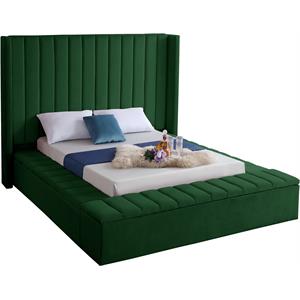 Pemberly Row Contemporary Solid Wood and Velvet Queen Bed in Green