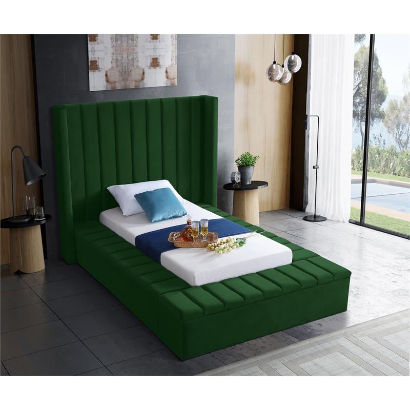 Pemberly Row Contemporary Solid Wood and Velvet Twin Bed in Green