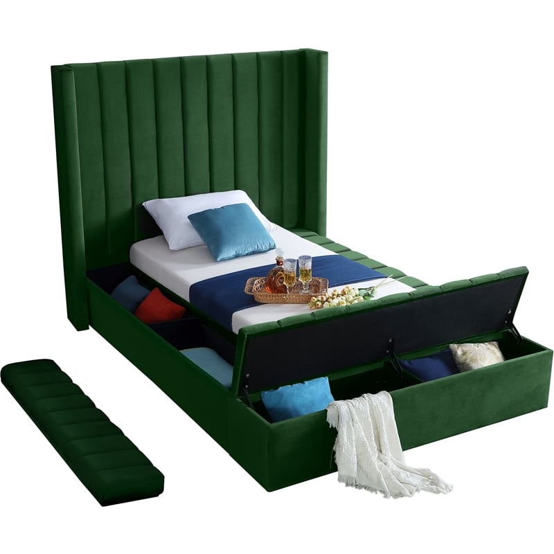 Pemberly Row Contemporary Solid Wood and Velvet Twin Bed in Green