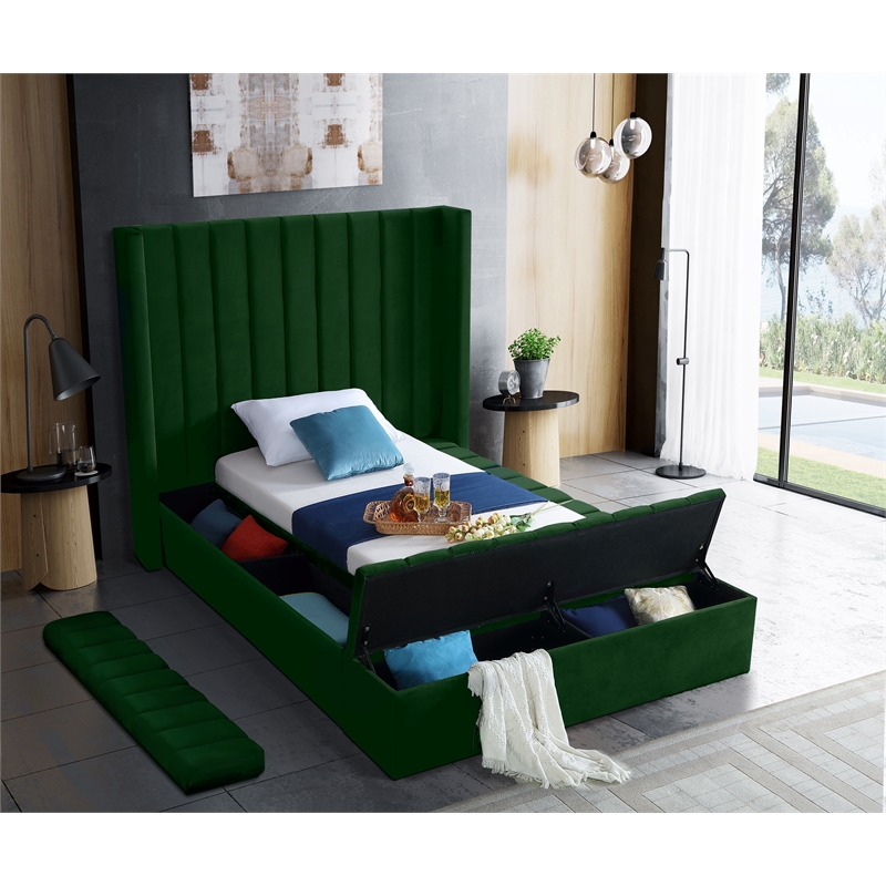 Pemberly Row Contemporary Solid Wood and Velvet Twin Bed in Green
