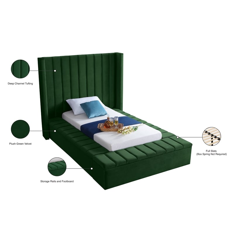 Pemberly Row Contemporary Solid Wood and Velvet Twin Bed in Green