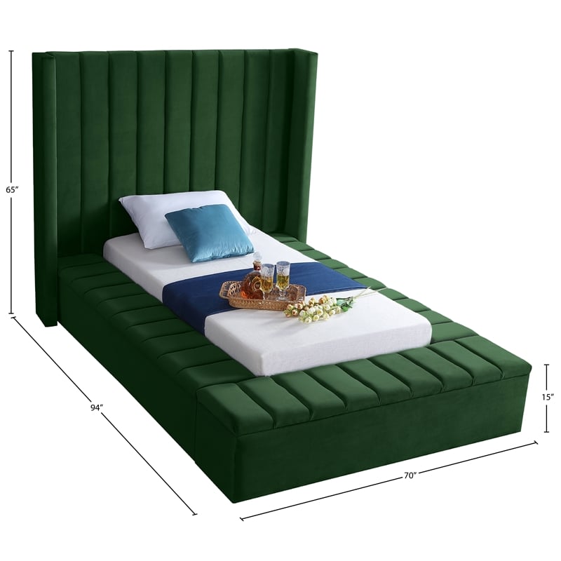 Pemberly Row Contemporary Solid Wood and Velvet Twin Bed in Green
