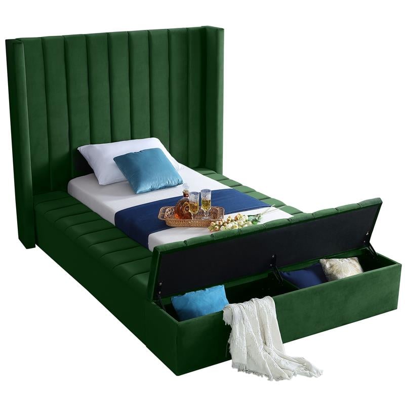 Pemberly Row Contemporary Solid Wood and Velvet Twin Bed in Green