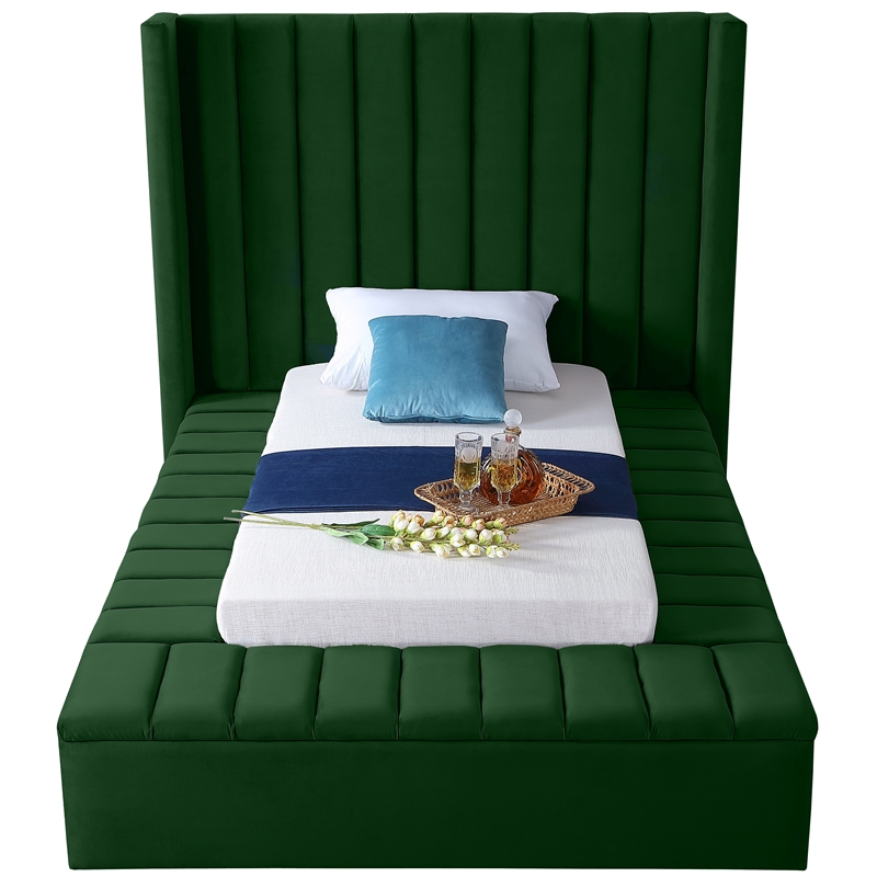 Pemberly Row Contemporary Solid Wood and Velvet Twin Bed in Green