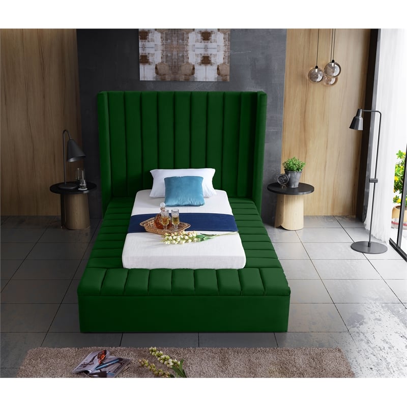 Pemberly Row Contemporary Solid Wood and Velvet Twin Bed in Green