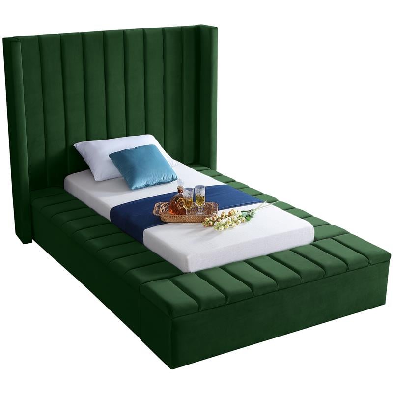 Pemberly Row Contemporary Solid Wood and Velvet Twin Bed in Green