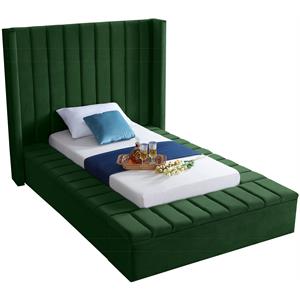Pemberly Row Contemporary Solid Wood and Velvet Twin Bed in Green