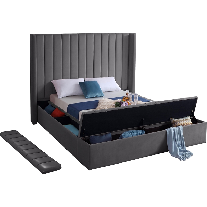 Pemberly Row Contemporary Solid Wood and Velvet Full Bed in Gray