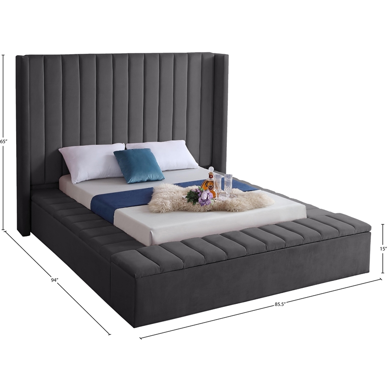 Pemberly Row Contemporary Solid Wood and Velvet Full Bed in Gray